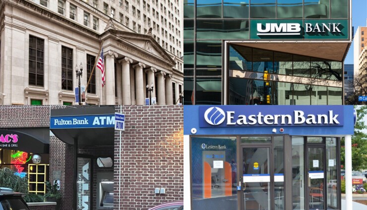 branch facades of Wintrust Bank, Fulton Bank, UMB and Eastern Bank