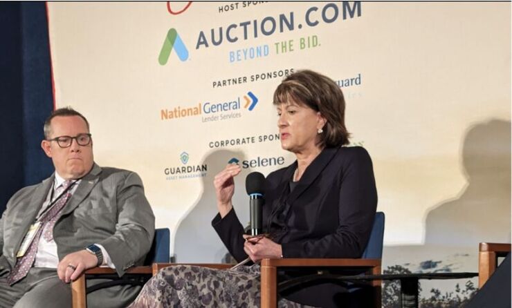 Leslie Meaux Pordzik, senior vice president at Ginnie Mae, speaks at an industry conference in 2024 as John Bell III, executive director of the Department of Veterans Affairs' Loan Guaranty Service looks on.